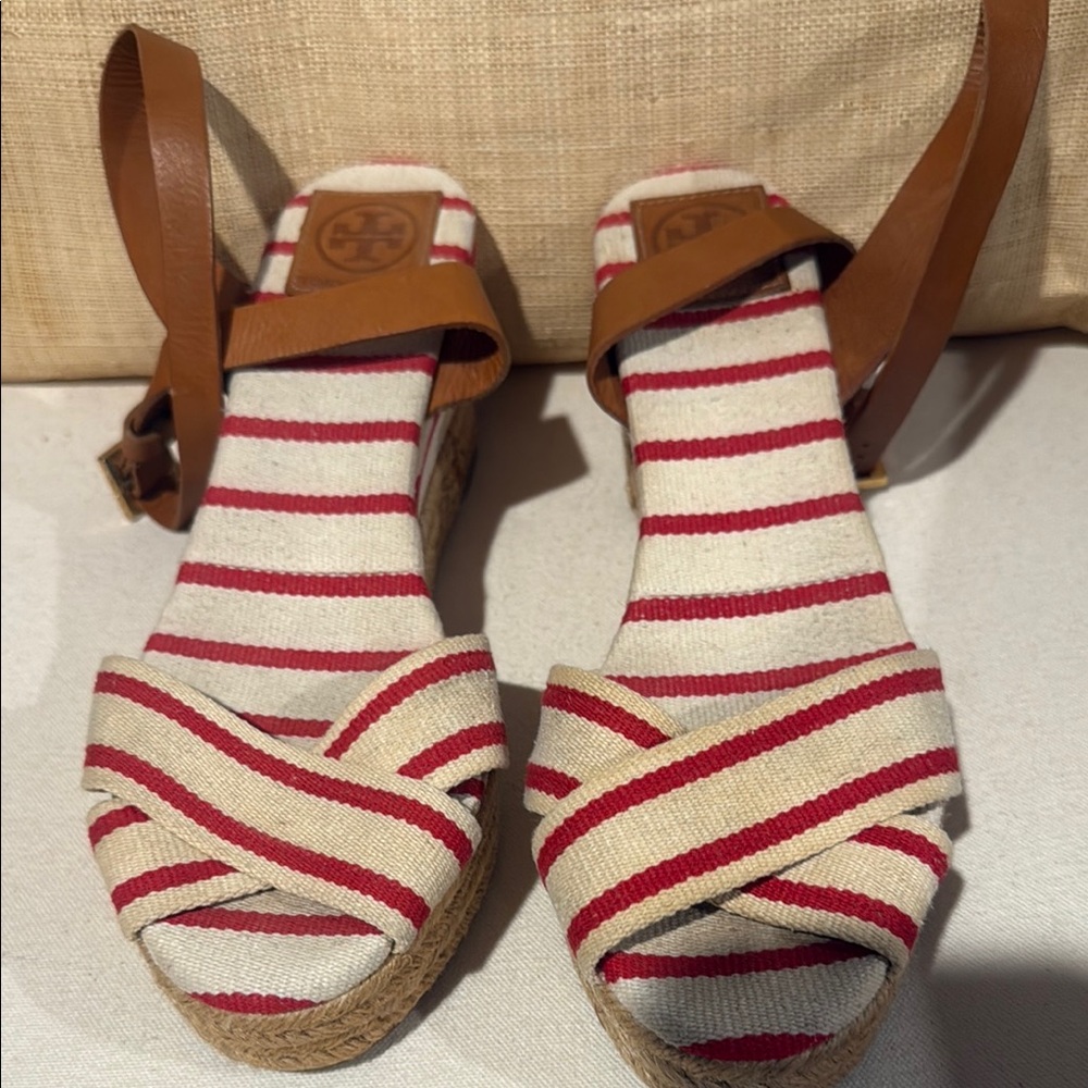 Tory Burch Red and Tan Espadrille Wedges